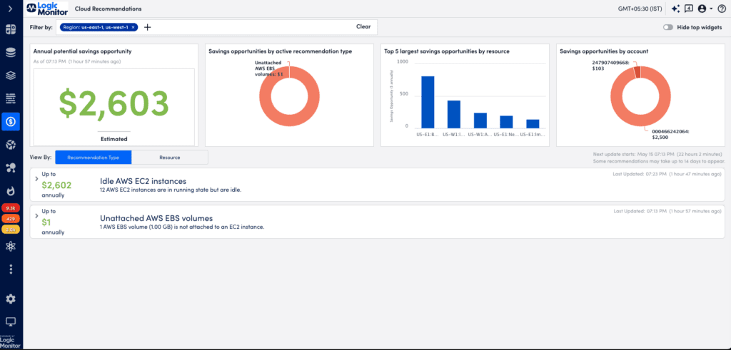 Cost optimization recommendation page